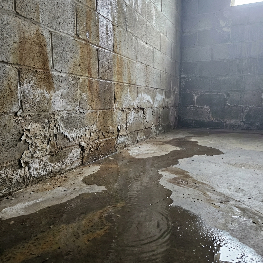 Basement waterproofing inspection with water damage and efflorescence on cinder block walls in Paramus, Bergen County, NJ.
