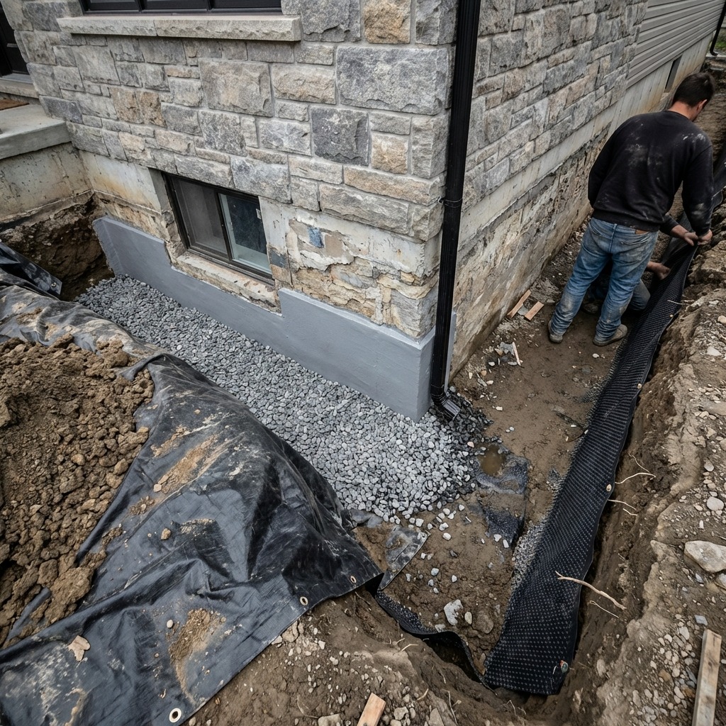 Basement waterproofing in progress with gravel and waterproof sheeting around a foundation in Paramus, Bergen County, NJ.