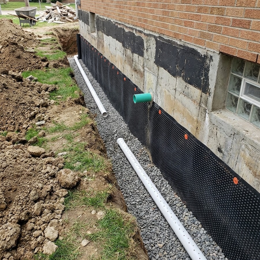 Basement waterproofing system with drainage and gravel along a foundation in Wallington, Bergen County, NJ.