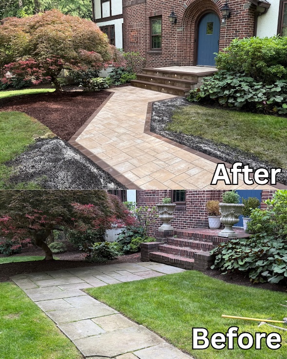 Before and after front walkway and step replacement in Caldwell, New Jersey, featuring a custom paver walkway and redesigned entry steps for a residential home.