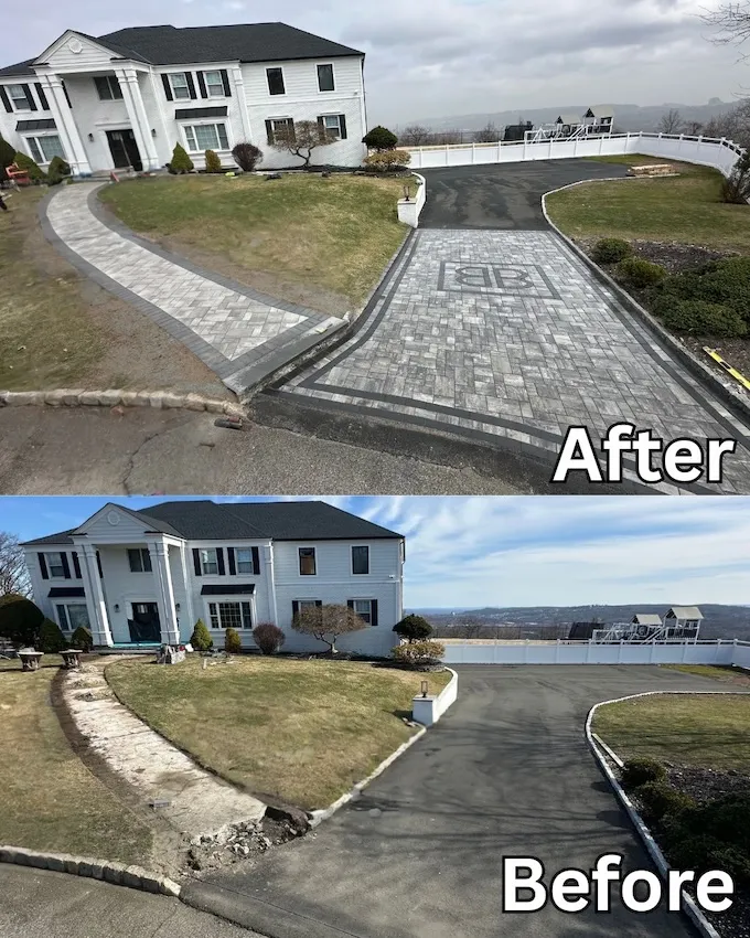 Before and after driveway and walkway replacement in Cedar Grove, New Jersey, featuring a custom paver driveway and curved paver walkway installation.