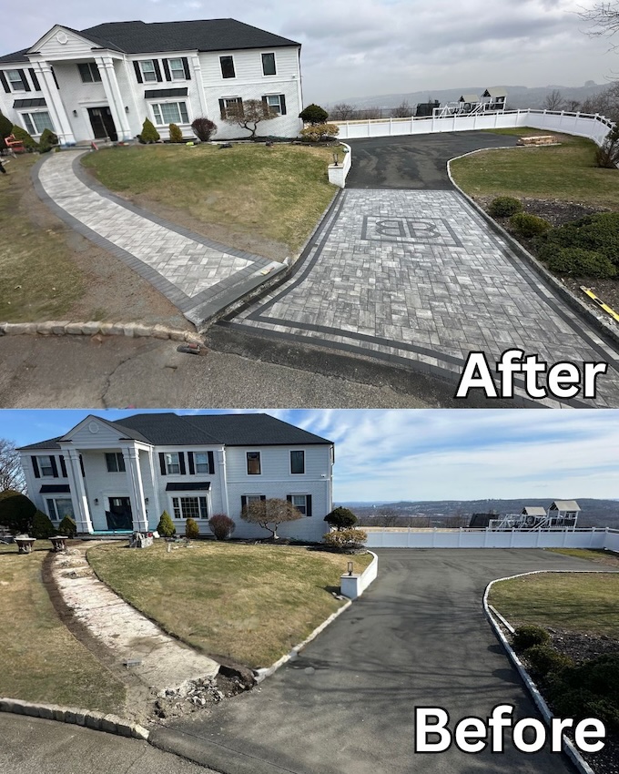 Before and after driveway and walkway replacement in Cedar Grove, New Jersey, featuring a custom paver driveway and curved paver walkway installation.