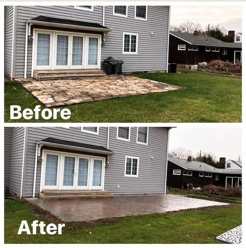 Before and after paver patio replacement and extension in Clifton, New Jersey, showing an outdated patio upgraded to a larger custom paver patio.