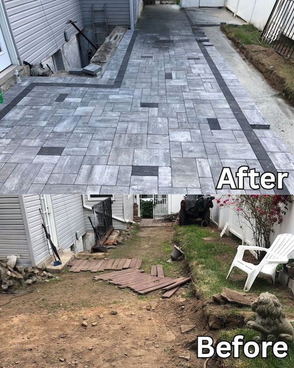 Before and after paver patio and walkway replacement in Verona, New Jersey, showing a professionally installed paver surface replacing a worn and uneven backyard path.