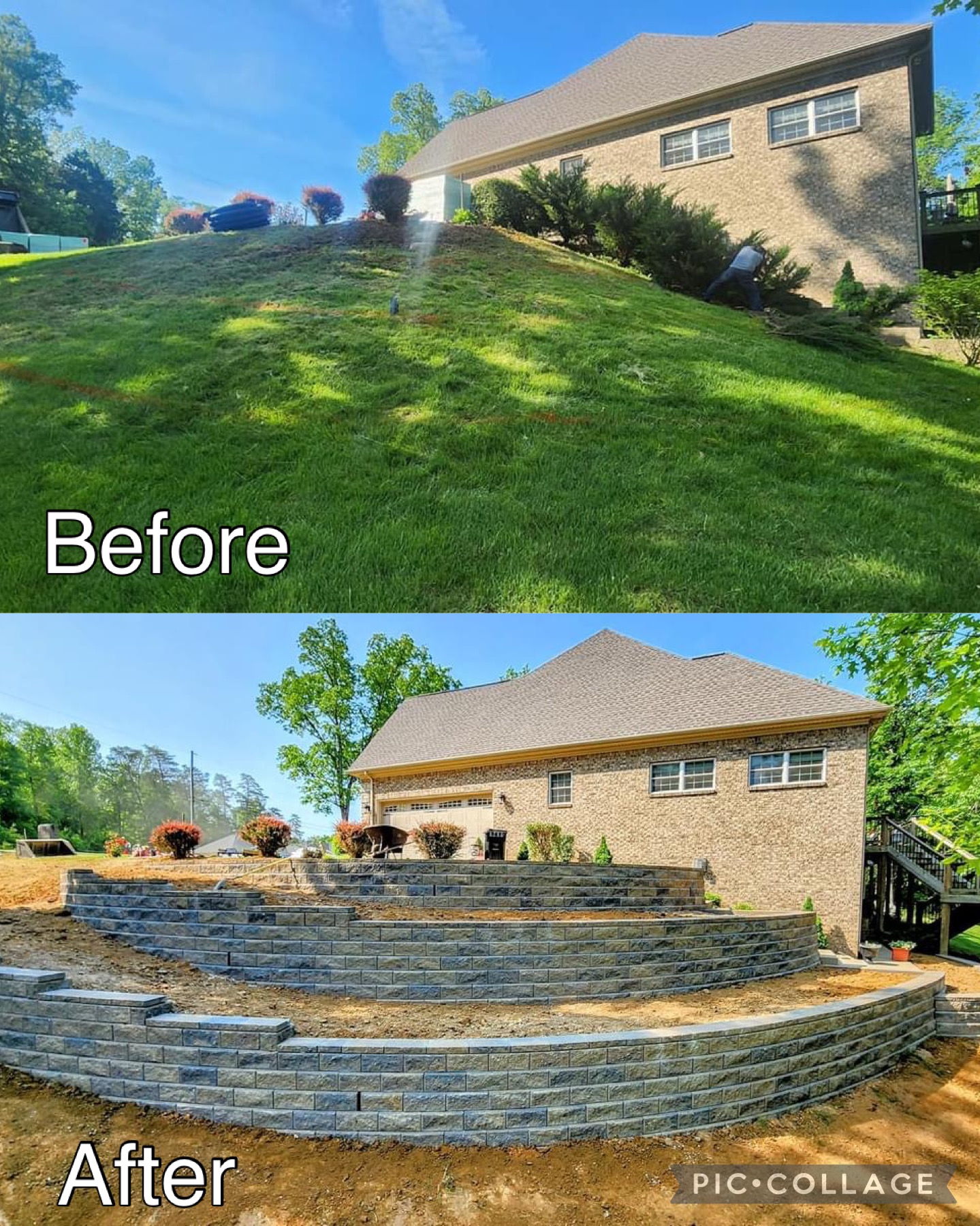 Before and after retaining wall installation on a steep hillside in Wayne, NJ, showing a sloped lawn transformed into tiered masonry retaining walls by Masonry Pro Construction.