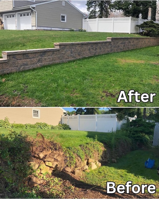 Before and after retaining wall installation in Wayne, New Jersey, showing a sloped backyard stabilized with a professionally built masonry retaining wall.