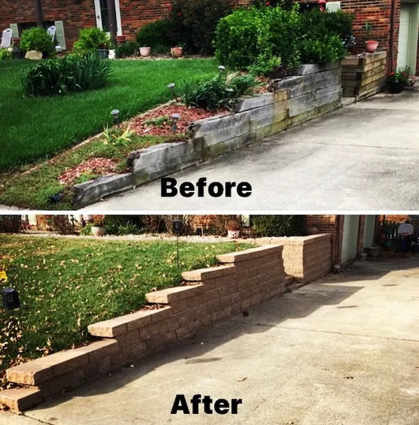 Before and after retaining wall replacement in Nutley, New Jersey, showing an old failing wall replaced with a new masonry retaining wall for improved stability and appearance.