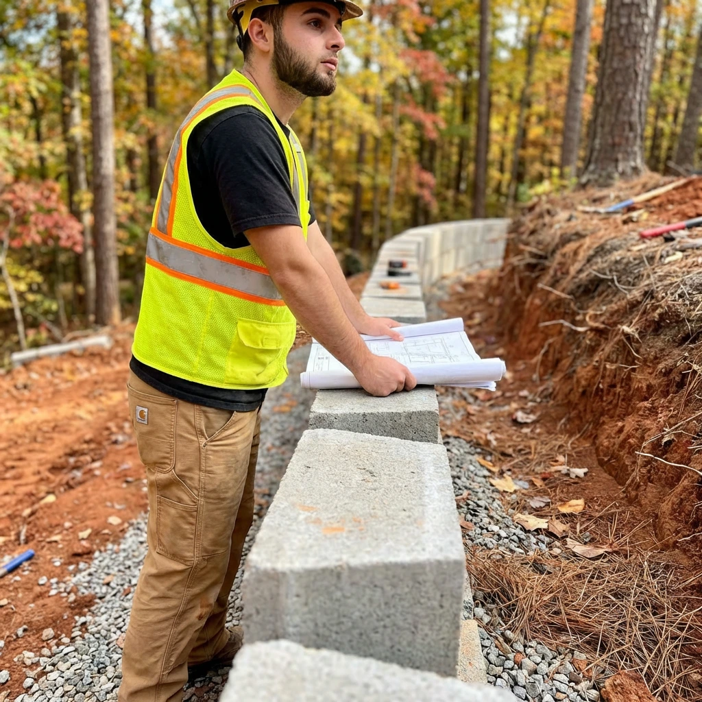 Block retaining wall construction with engineering plans in Wallington, NJ