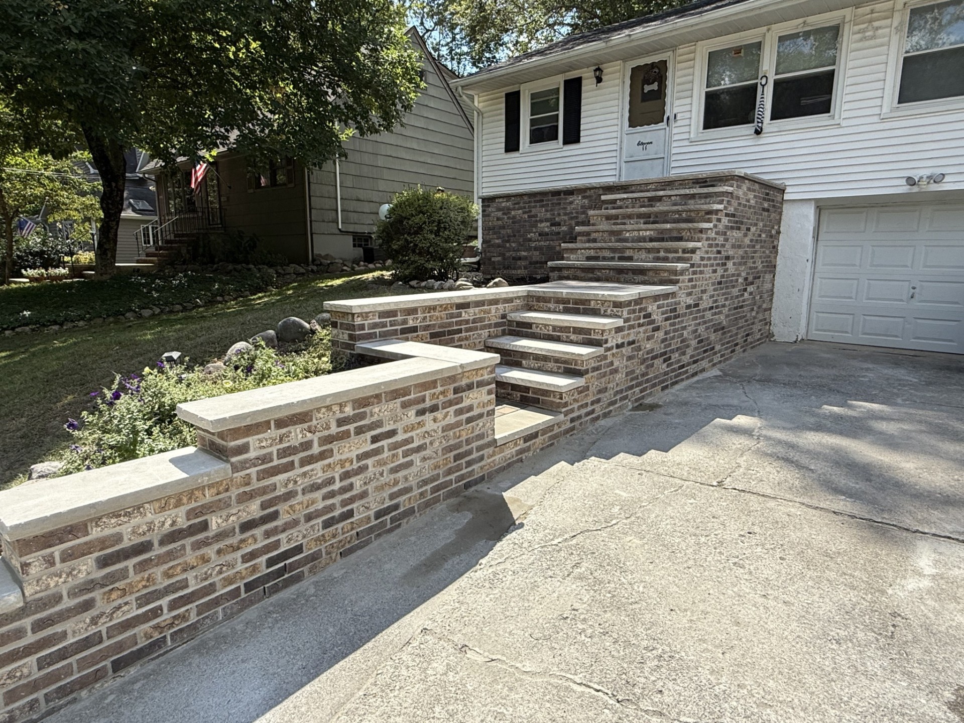 New masonry brick work and stairs leading to a home in Wayne, Passaic County, New Jersey, 07470