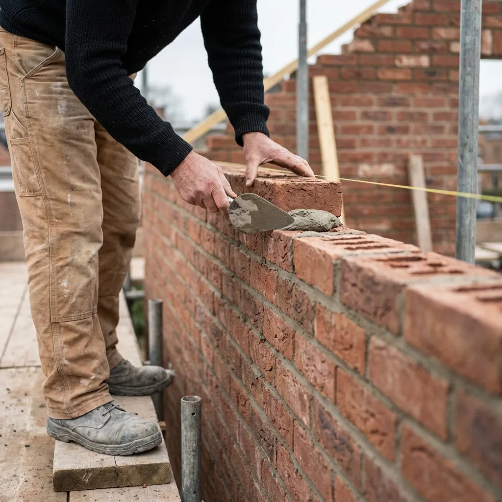 A mason laying bricks to build a wall, carefully spreading mortar with a trowel on a scaffold in Nutley, NJ