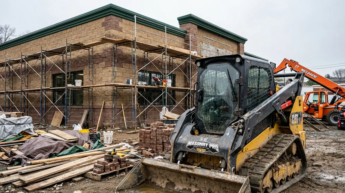 Commercial masonry construction site at a building in Dover, Morris County, NJ, by Masonry Pro Construction