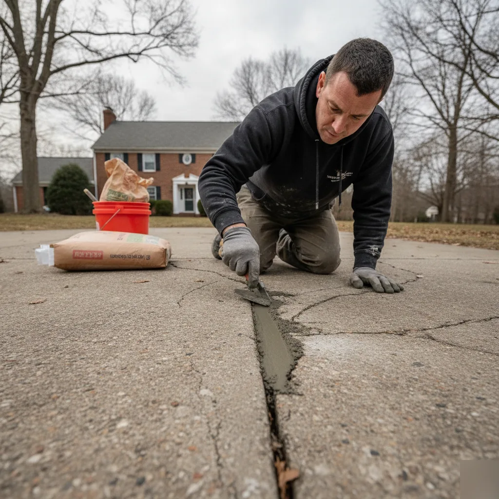 Mason repairing a cracked concrete driveway in Totowa, NJ