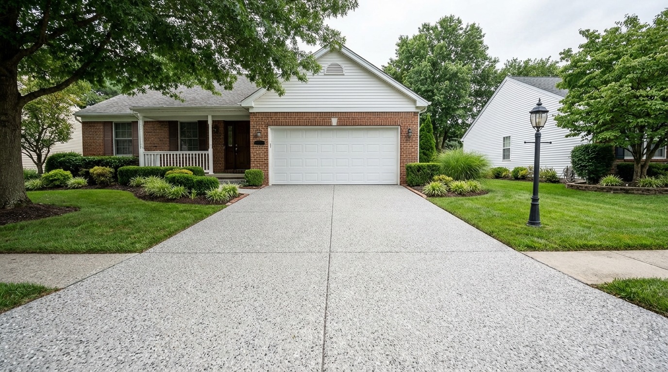 Pebble-finished concrete driveway leading to a modern home in Lincoln Park, Morris County, New Jersey, 07035.