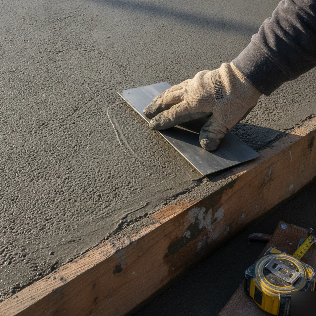 Mason hand-finishing a concrete footing surface with a float in Totowa, NJ