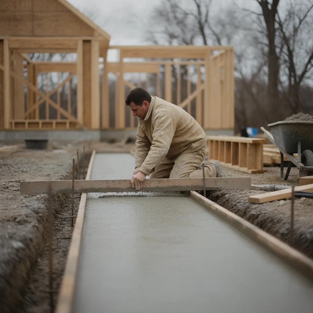 Concrete footing being screeded level in a formed trench during a Totowa home addition