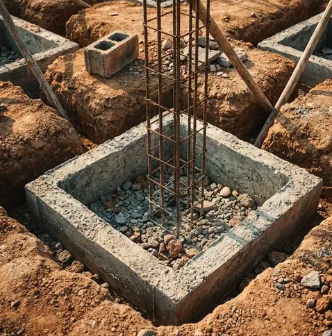 Poured concrete footings with rebar reinforcement for new construction on Hudson Street, Passaic, New Jersey