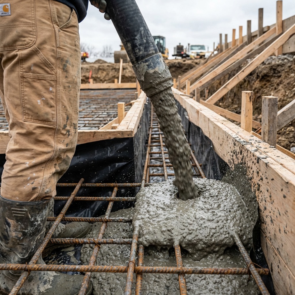 Concrete foundation installation in progress with a worker in Englewood, Bergen County, NJ, by Masonry Pro Construction.