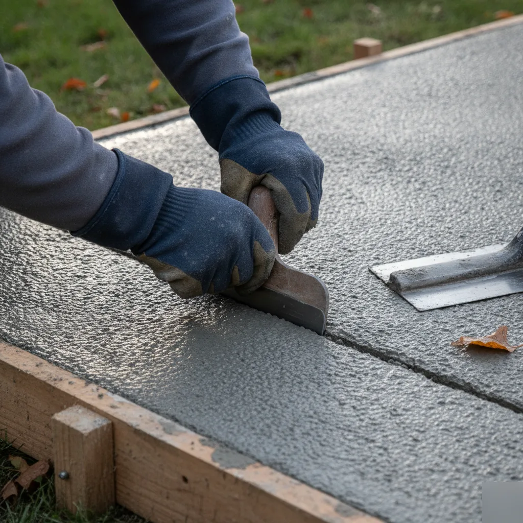 Tooling a control joint into fresh concrete during patio installation in Totowa, NJ