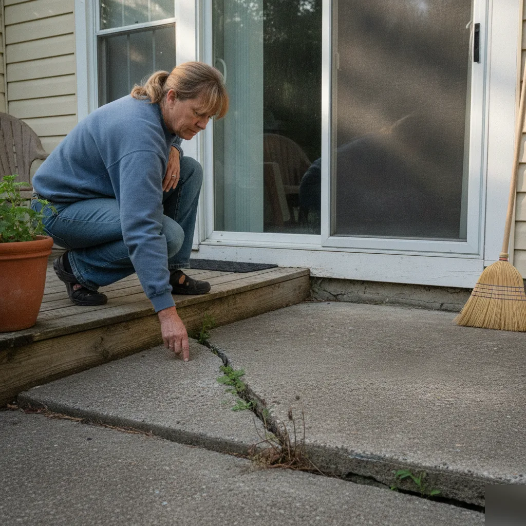 Homeowner inspecting a cracked concrete patio near a sliding door in Totowa, NJ