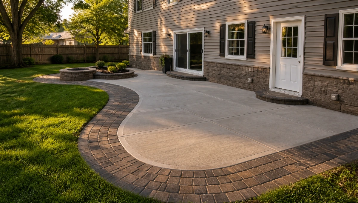 Concrete patio with paver border and fire pit installed behind a home in Totowa, NJ