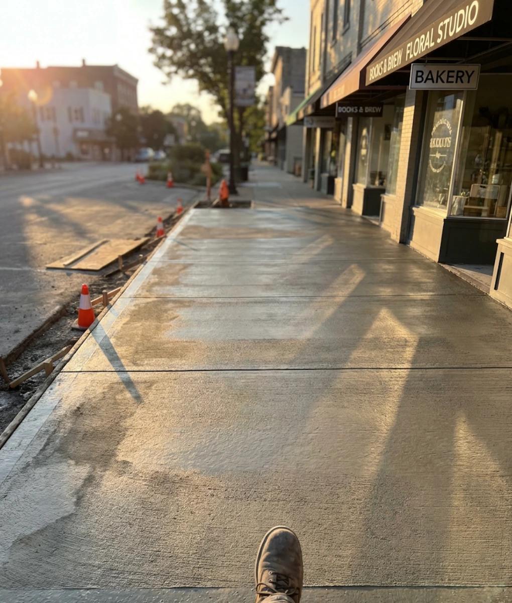Newly installed concrete sidewalk on a sunny day in Passaic, Passaic County, NJ. Masonry Pro Construction