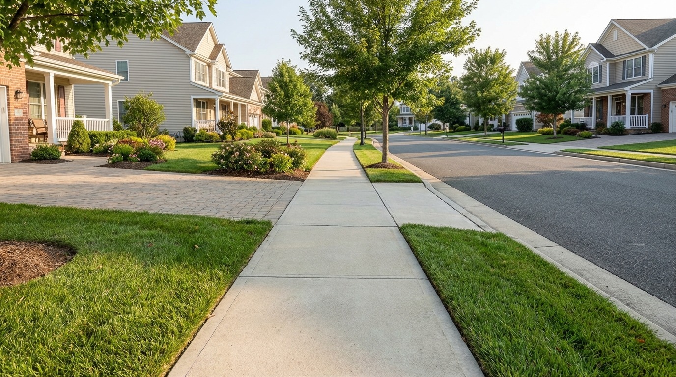 Finished concrete sidewalk installation along a residential property in Wayne, Passaic County, New Jersey.