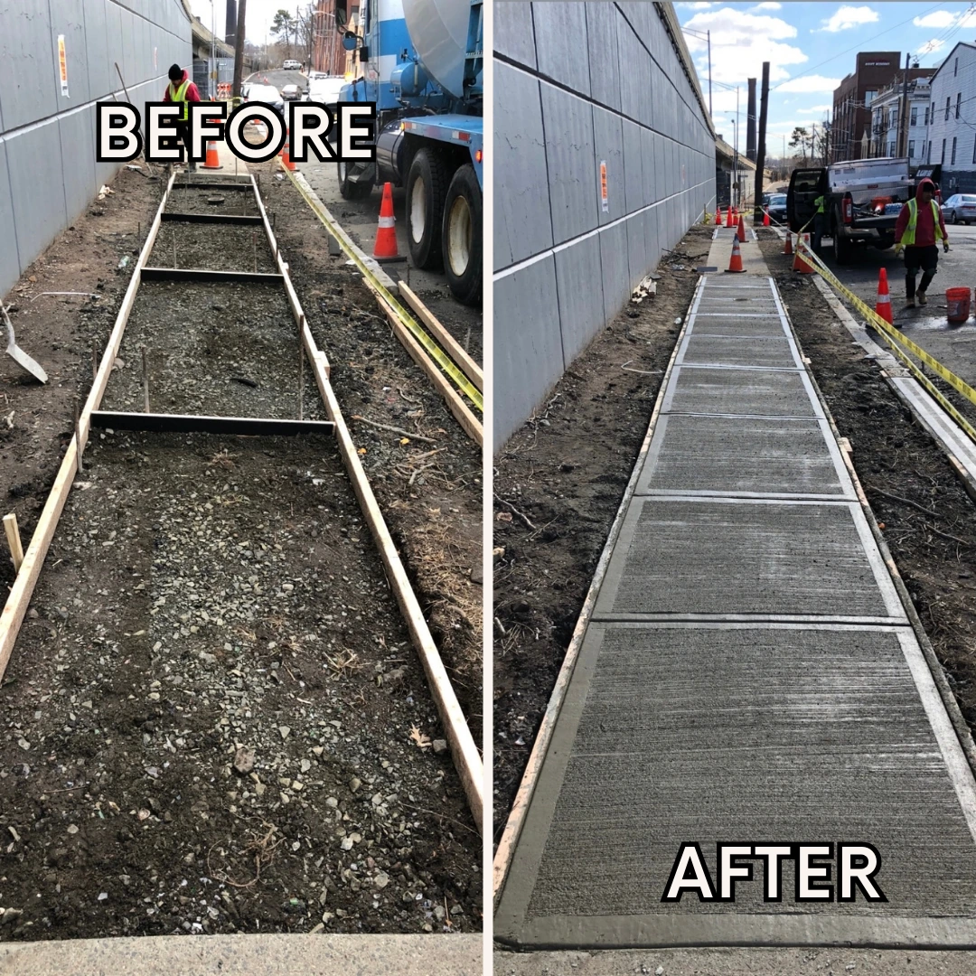 Dirt path with wooden forms 'before' and finished concrete sidewalk 'after' installation in Totowa, Passaic County, NJ.