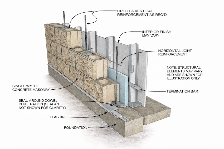 CMU masonry installation diagram showing foundation, flashing, reinforcement, and block wall construction in Totowa, NJ
