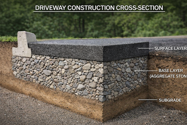 Driveway construction cross-section showing surface layer, aggregate stone base layer, and subgrade in Totowa, Passaic County, NJ