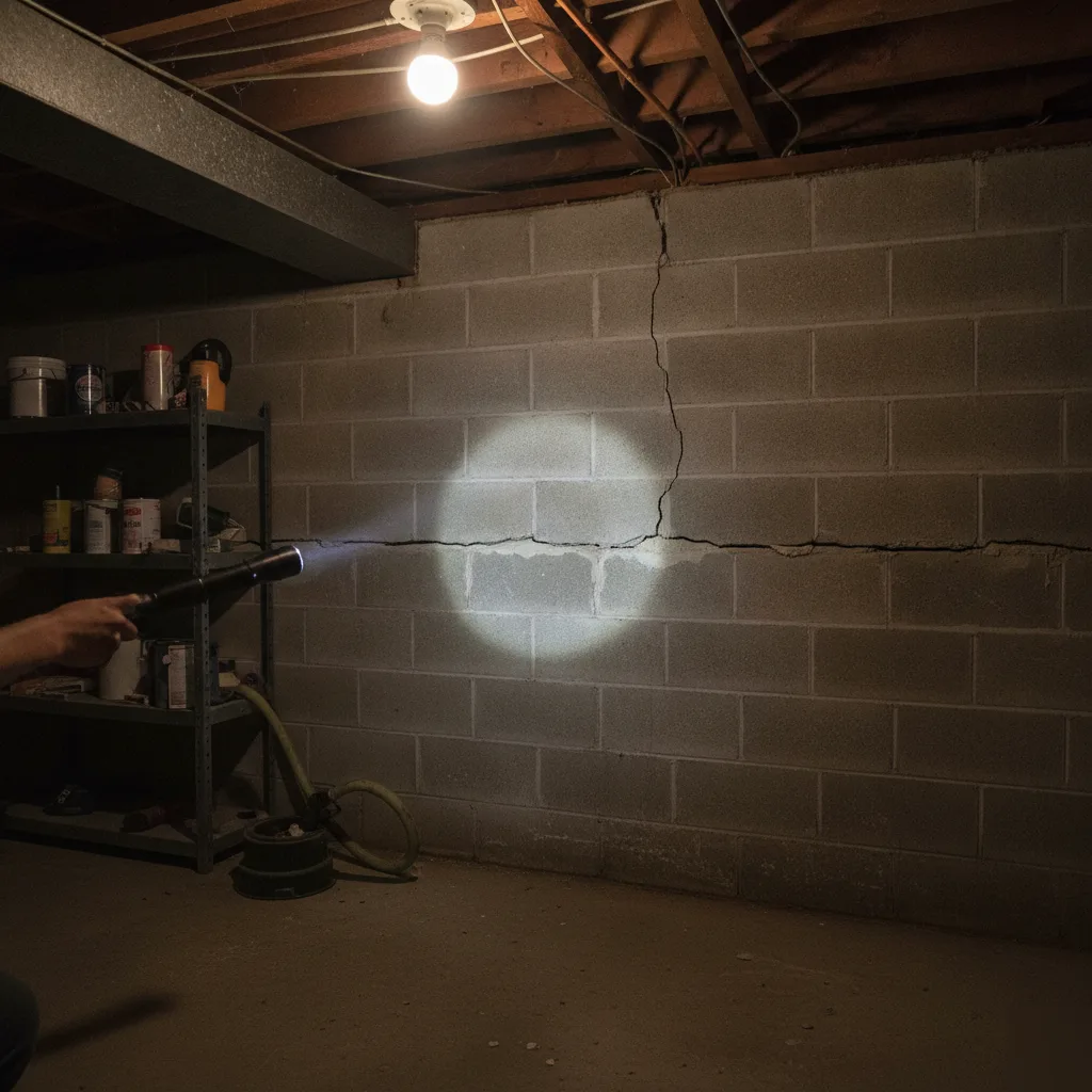 Flashlight on a cracked cinder block foundation wall in a Totowa basement, a warning sign of footing trouble