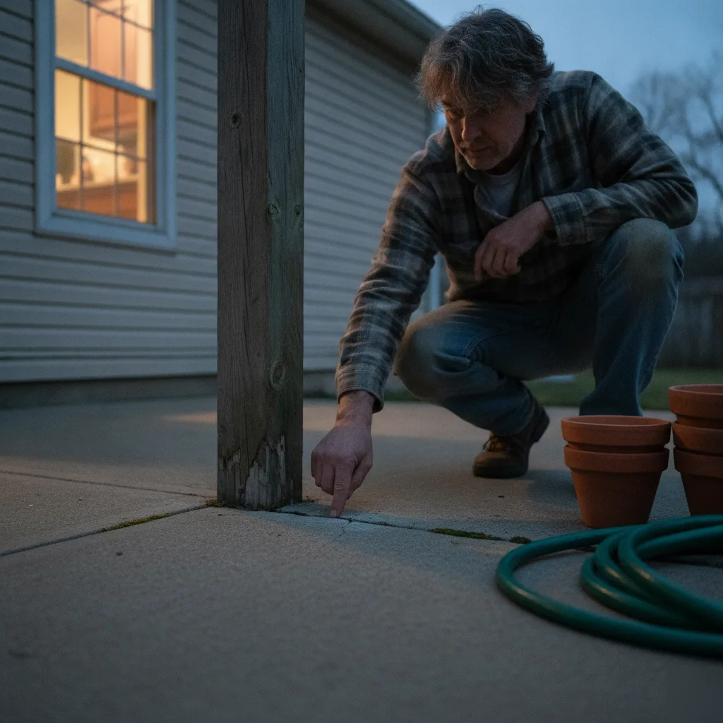 Homeowner inspecting a cracked concrete patio in Totowa, NJ