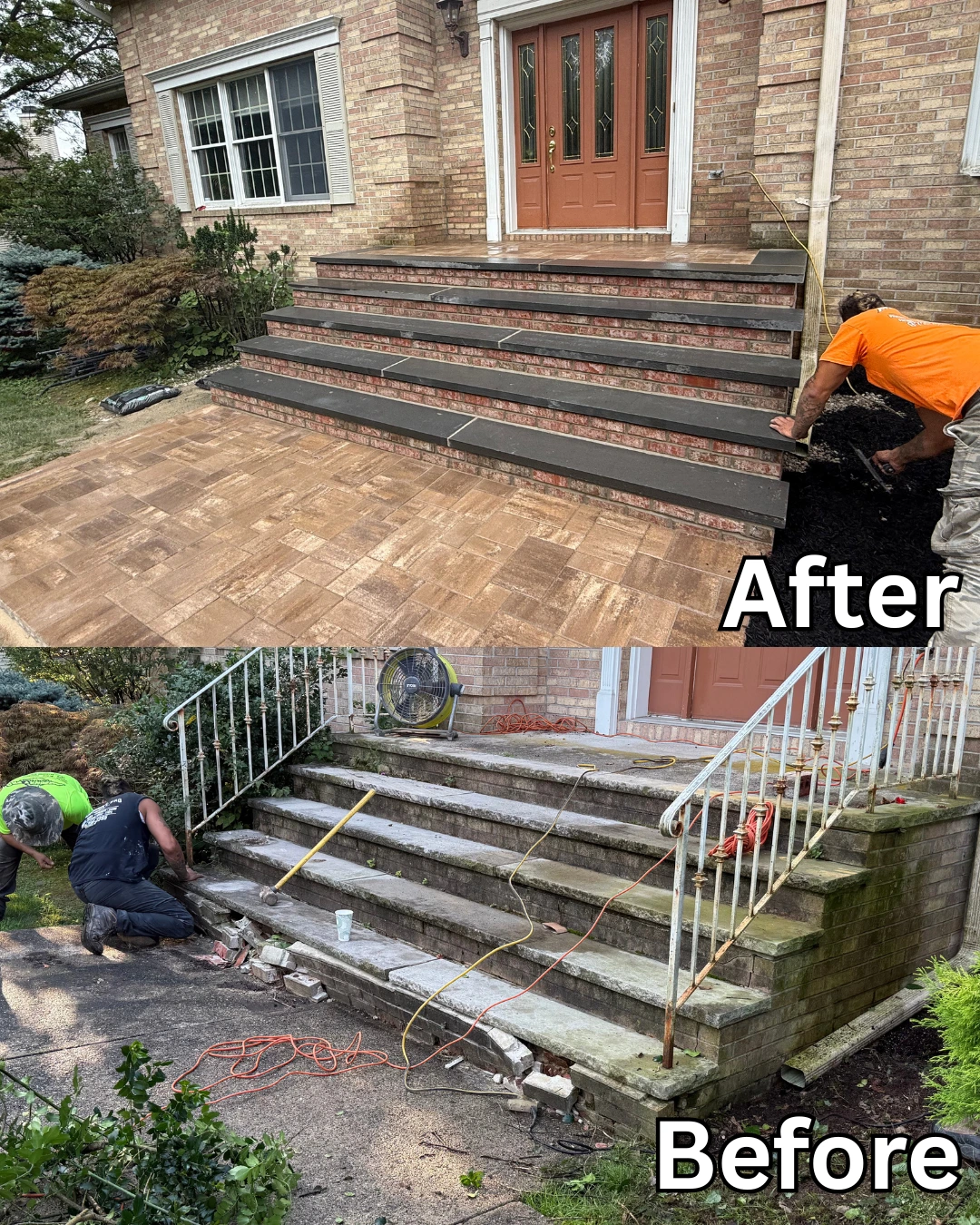 Masonry steps installation before and after for a residential home in Clifton, Passaic County, NJ.
