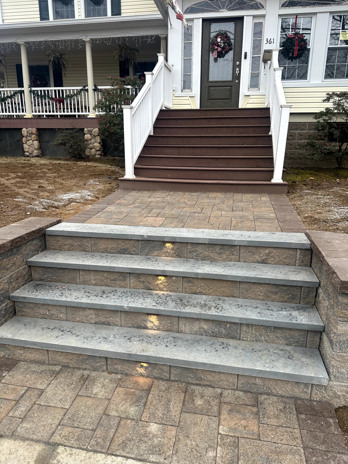 Masonry steps installation and paver walkway leading to a house entrance in New Milford, Bergen County, New Jersey