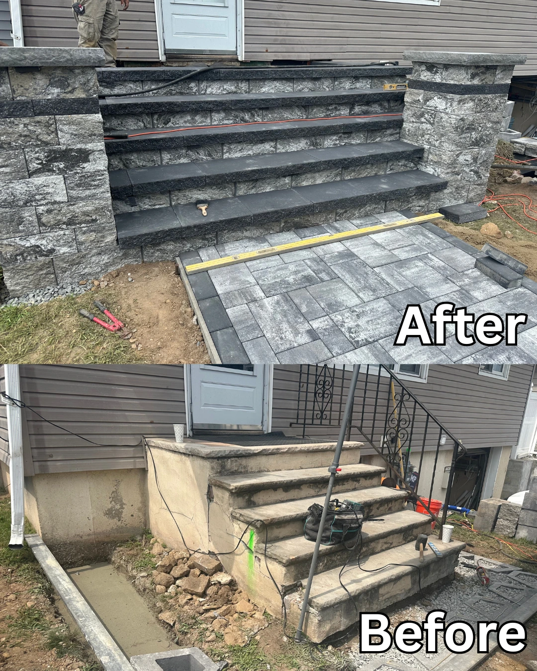 New masonry steps installation with dark pavers in Woodland Park, Passaic County, NJ, Masonry Pro Construction