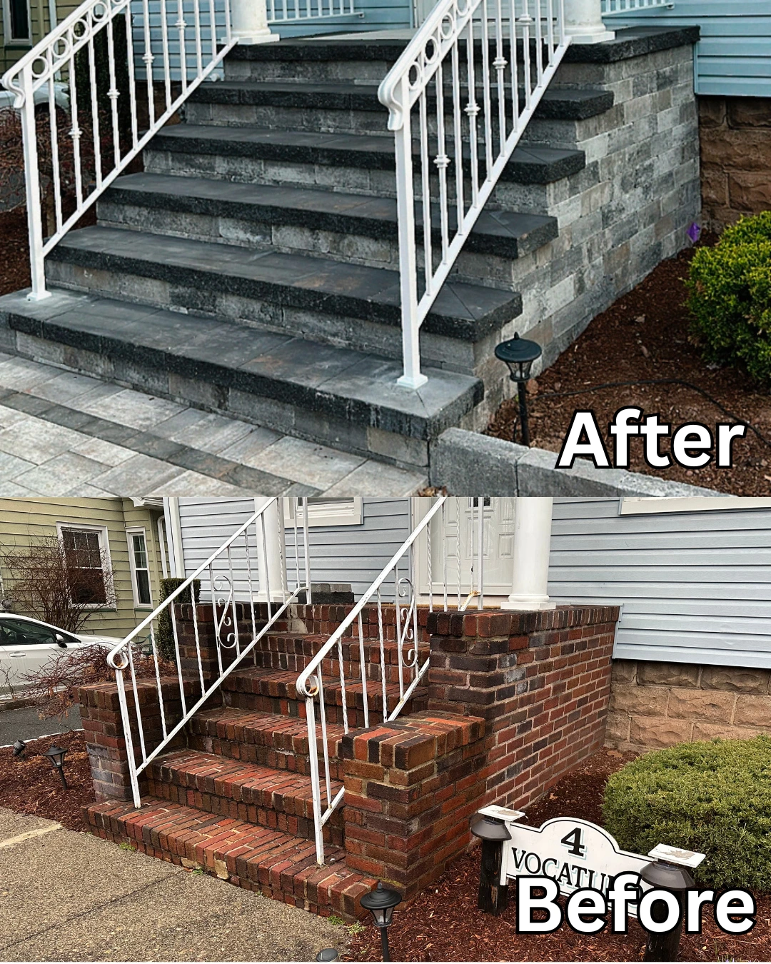 New masonry steps with white railings lead to a home in Midland Park, Bergen County, NJ, Masonry Pro Construction