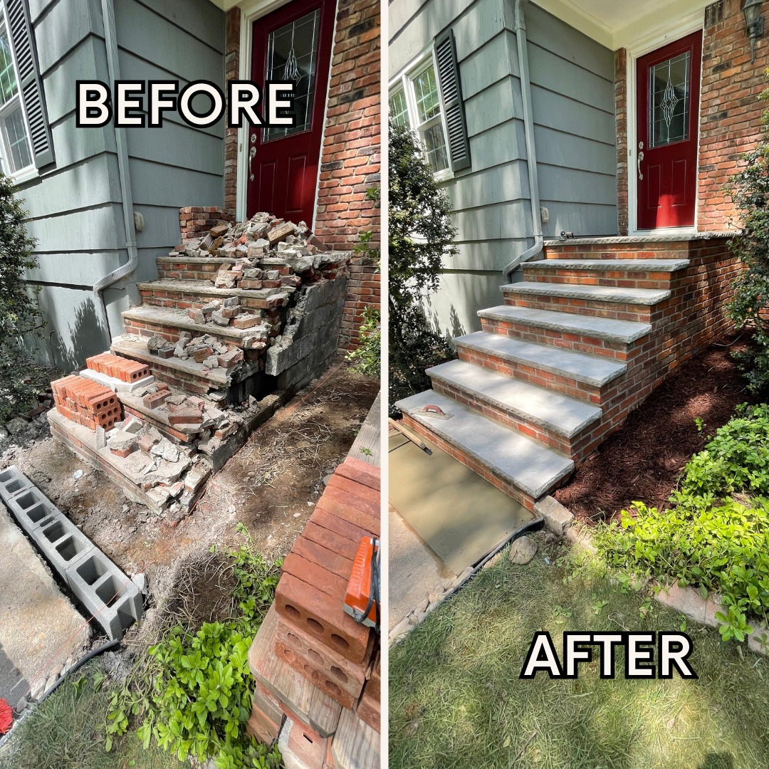Before and after brick masonry steps repair — crumbling steps demolished and rebuilt with new brick and concrete in North Jersey by Masonry Pro Construction