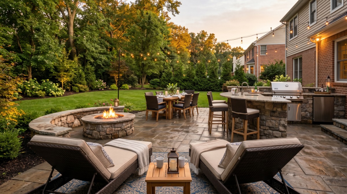 Backyard retreat with paver patio, fire pit, and outdoor kitchen in Montclair, Essex County, NJ.