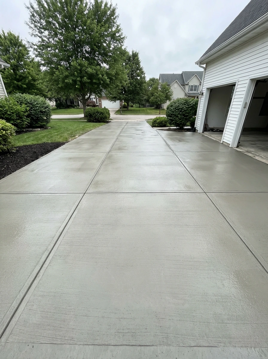New concrete driveway leading to a two-car garage at a residential property in Clifton, Passaic County, NJ. Masonry Pro Construction