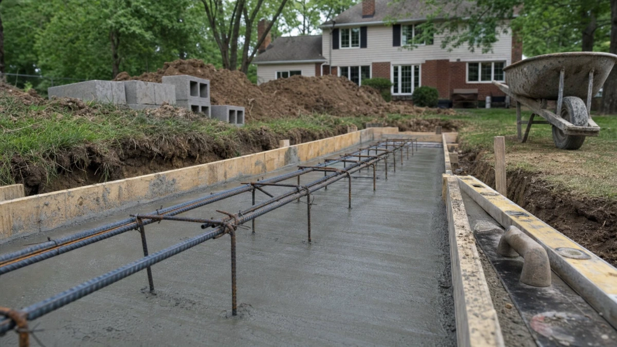 Concrete footing installation with rebar in a residential backyard in Paramus, Bergen County, NJ by Masonry Pro Construction