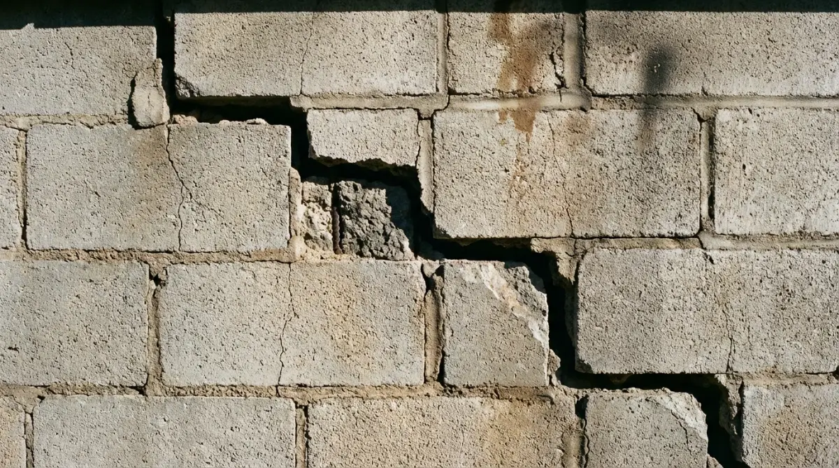 Serious crack in a concrete block foundation wall requiring foundation repair in Paramus, Bergen County, NJ.