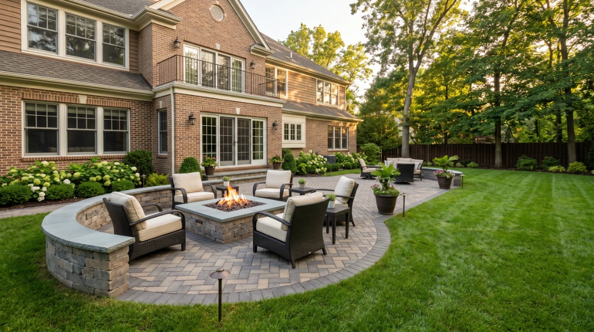 Paver patio with a soldier course border in a North Jersey backyard