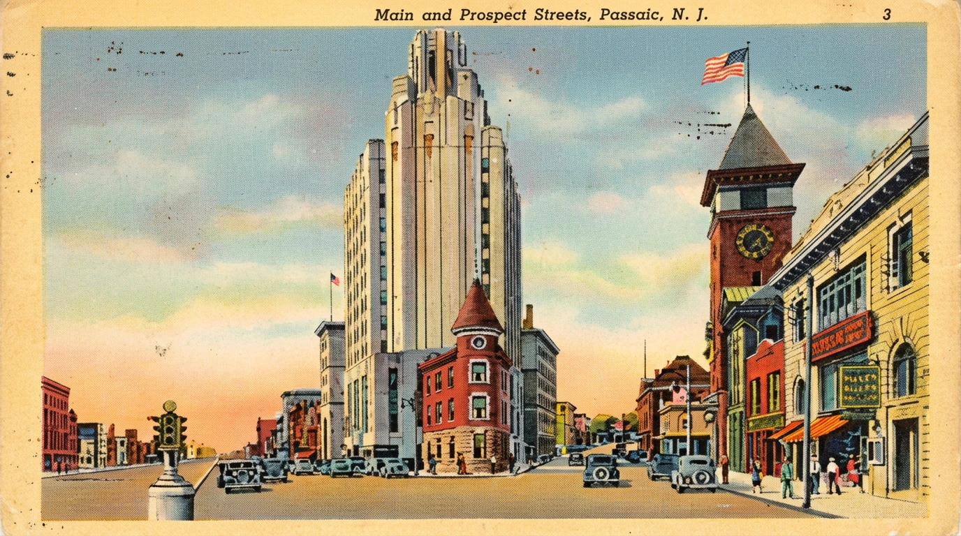 Historical cityscape with masonry buildings and a clock tower in Passaic, Passaic County, NJ. Masonry Contractor Passaic