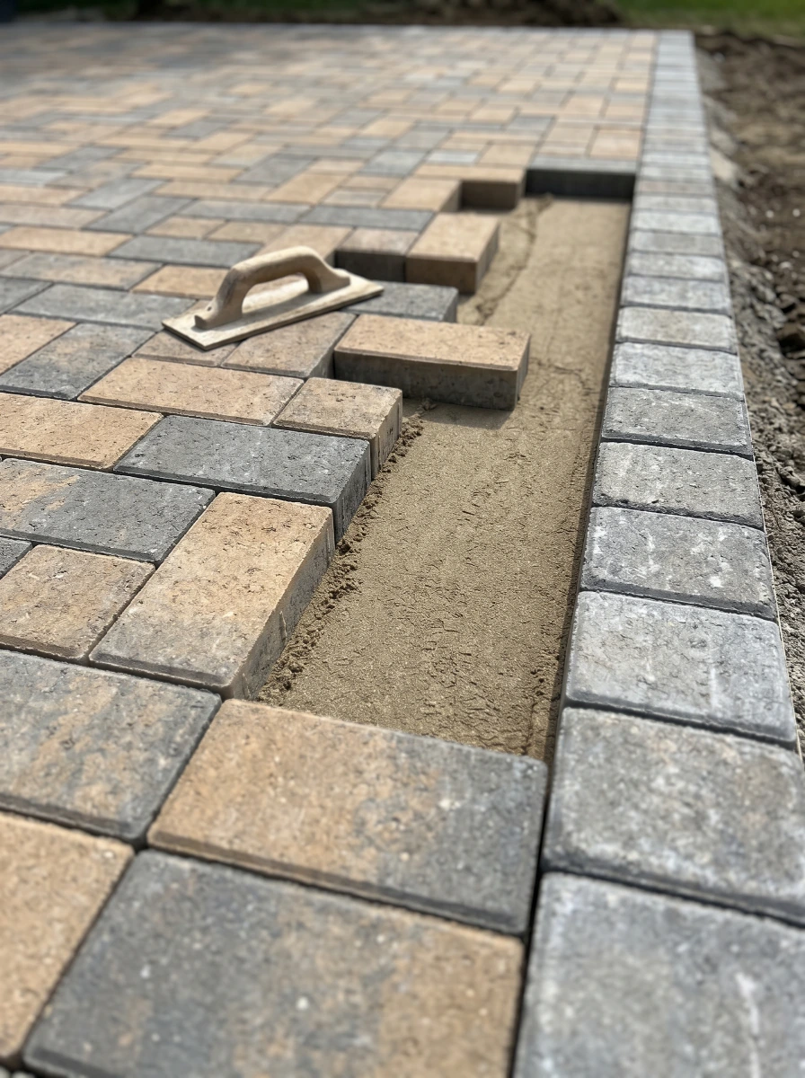 Paver patio installation in progress with a hand tamper in Old Tappan, Bergen County, NJ.