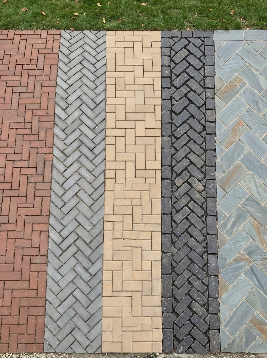 Concrete pavers and natural stone samples in assorted colors and textures
