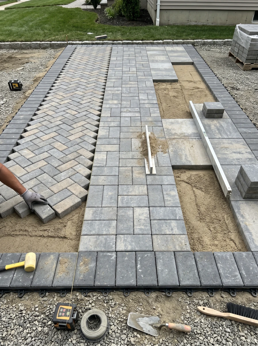 Installation of a paver patio by Masonry Pro Construction in Woodcliff Lake, Bergen County, NJ.