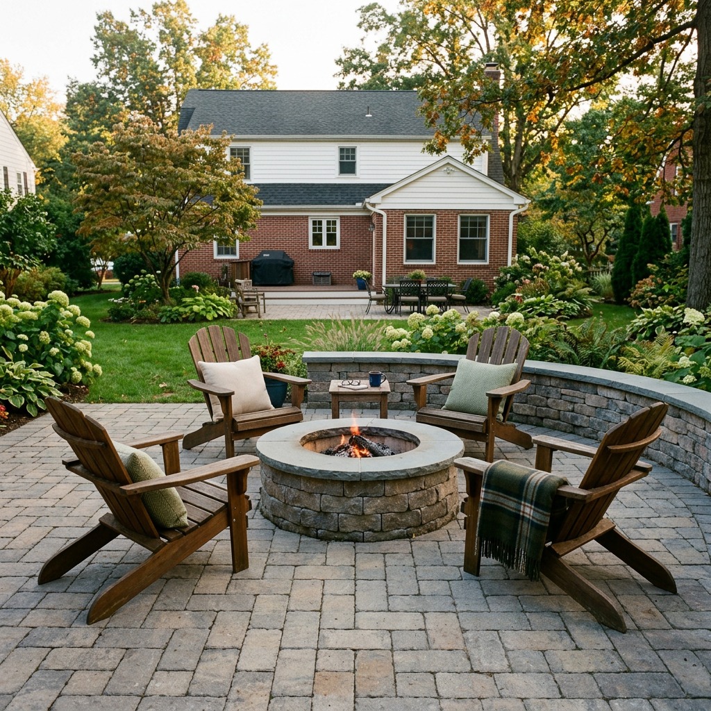 Paver patio with fire pit and low retaining wall in the outdoor living package at Masonry Pro Construction in Paramus, NJ.