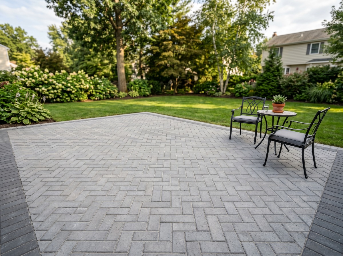 Paver patio restoration and landscaping in a residential backyard in Bloomfield, Essex County, NJ.