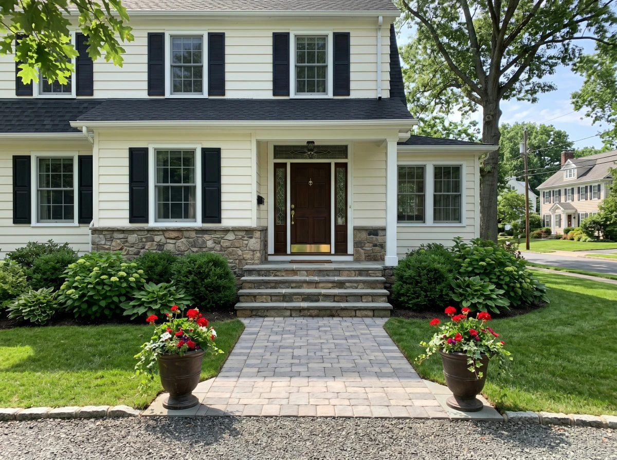 Paver walkway and stone steps at a home with the curb appeal package by Masonry Pro Construction, Wayne, Passaic County, NJ.