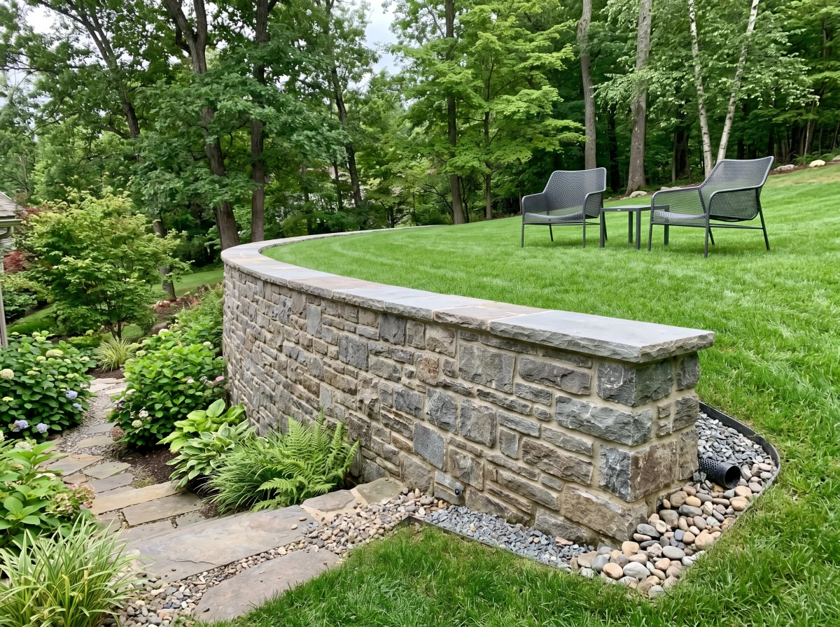 Retaining wall and drainage package from Masonry Pro Construction in Paramus, Bergen County, NJ.