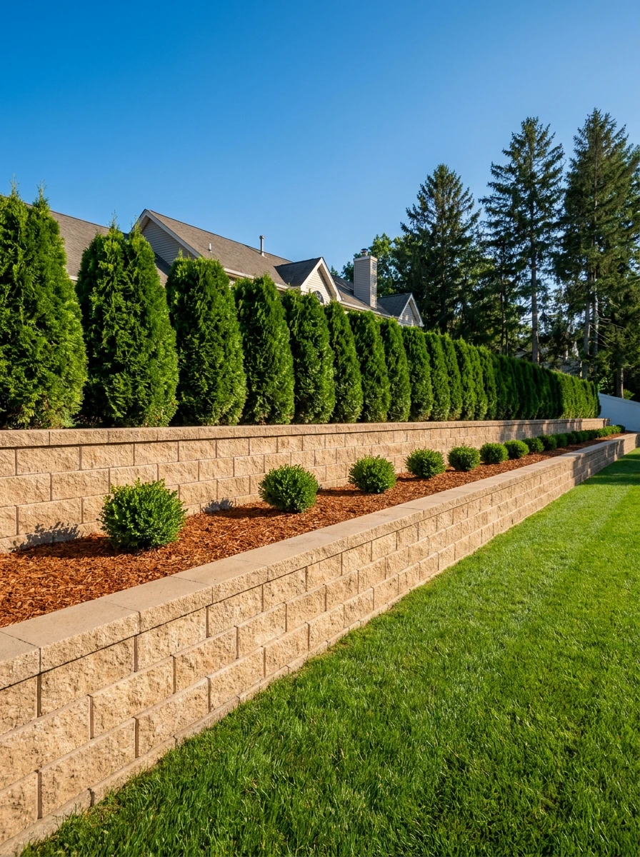 Tiered retaining wall installation with landscaping in Passaic, Passaic County, NJ by Masonry Pro Construction